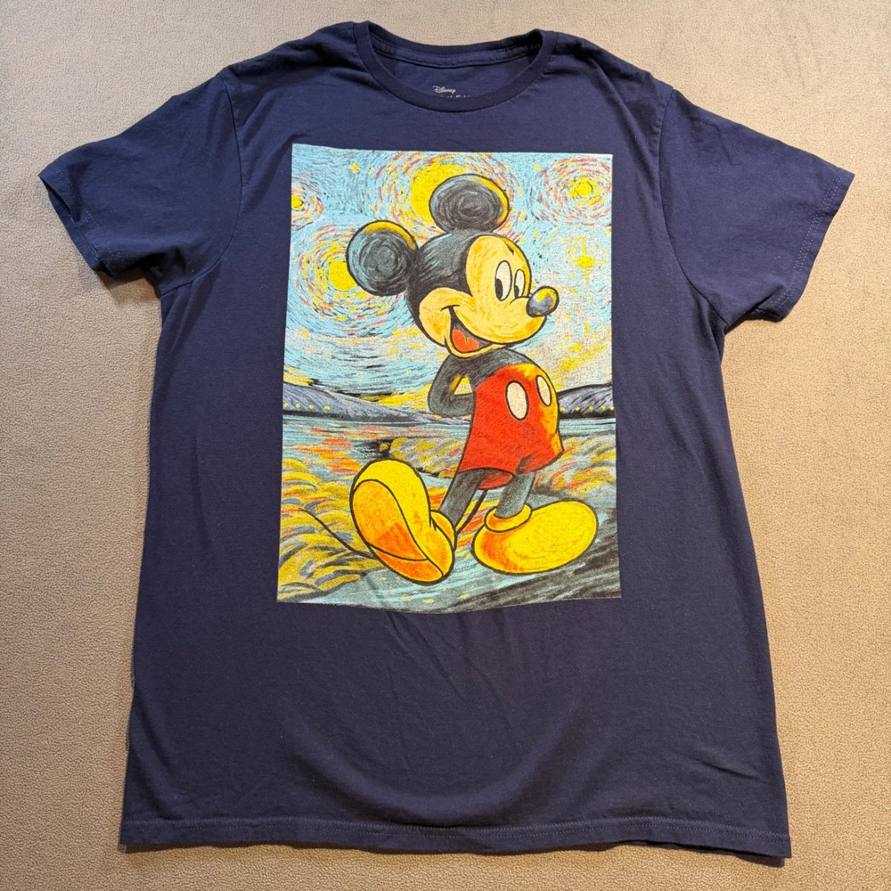 Disney Mickey Mouse Starry Night Van Gogh Graphic T-Shirt Navy Blue Mens Medium